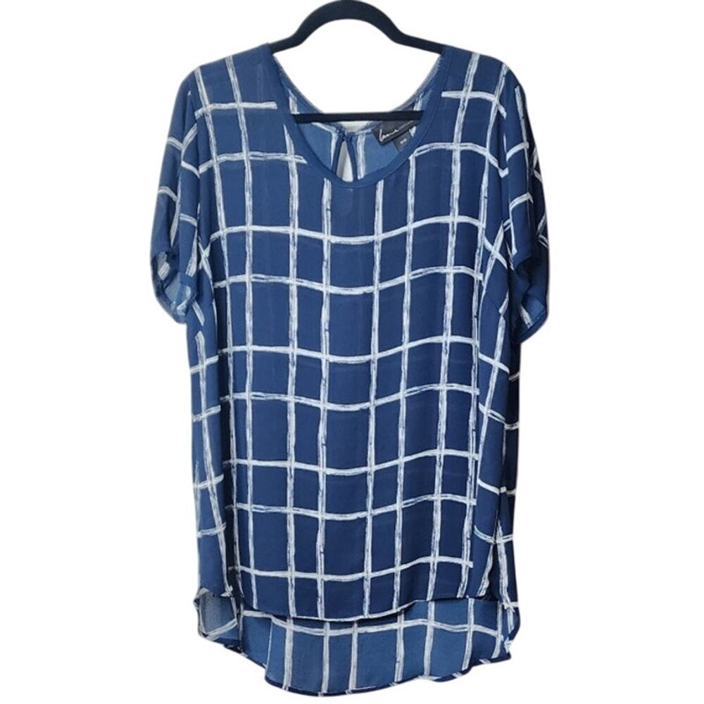 Lane Bryant Navy/White Windowpane Hi/Lo Hem Blouse, Size 18/20, EUC - Picture 1 of 5